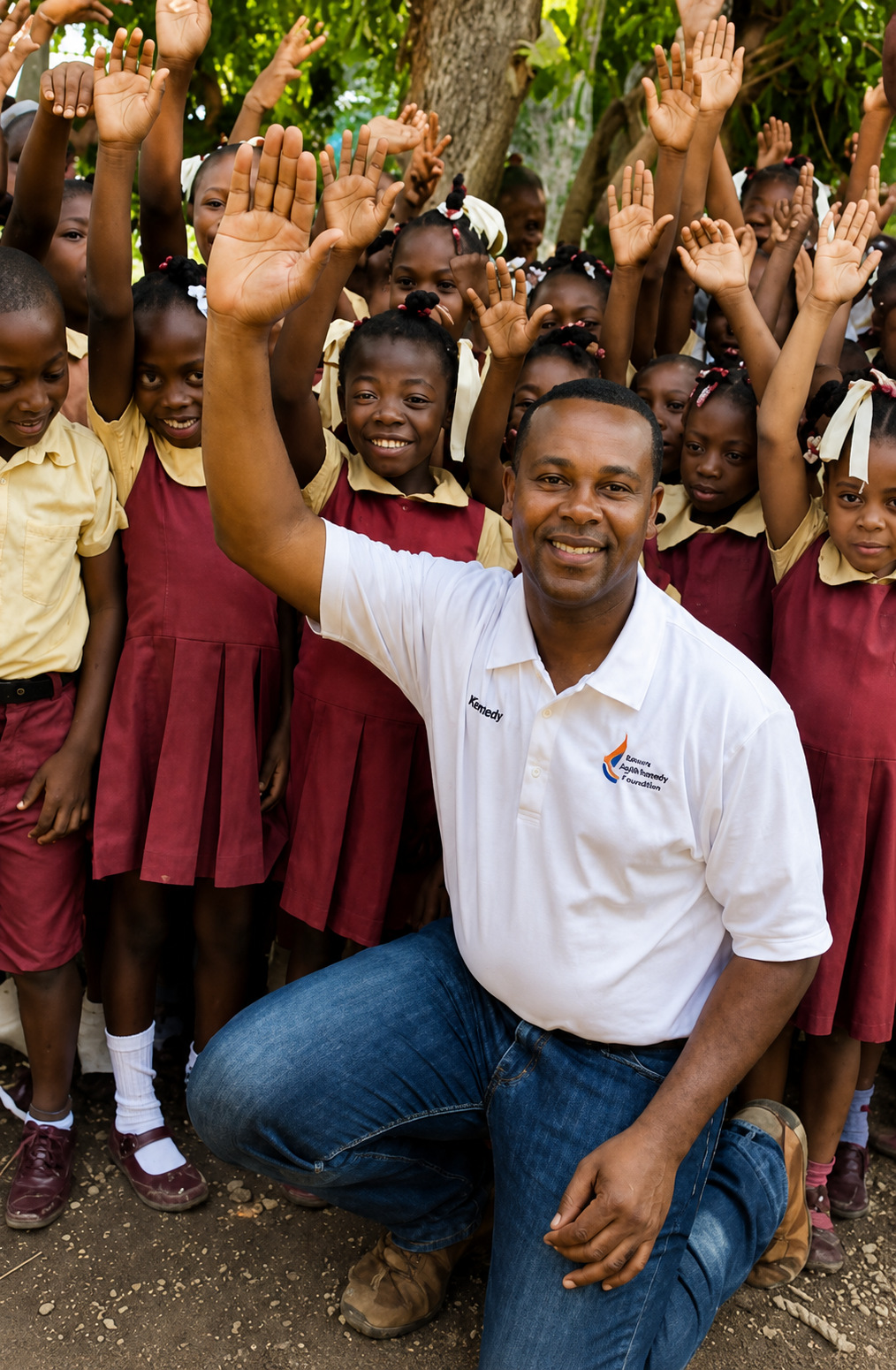 A community leader kneeling among a group of schoolchildren with their hands raised